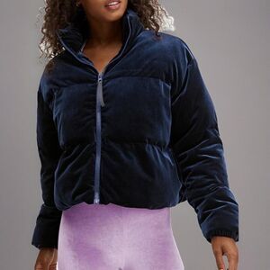 Fabletics Jacket Womens XS Wander Velour Cropped Puffer Oversized Blue Parka